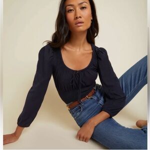 Nation LTD Mavis Smocked Peasant Top Navy Blue